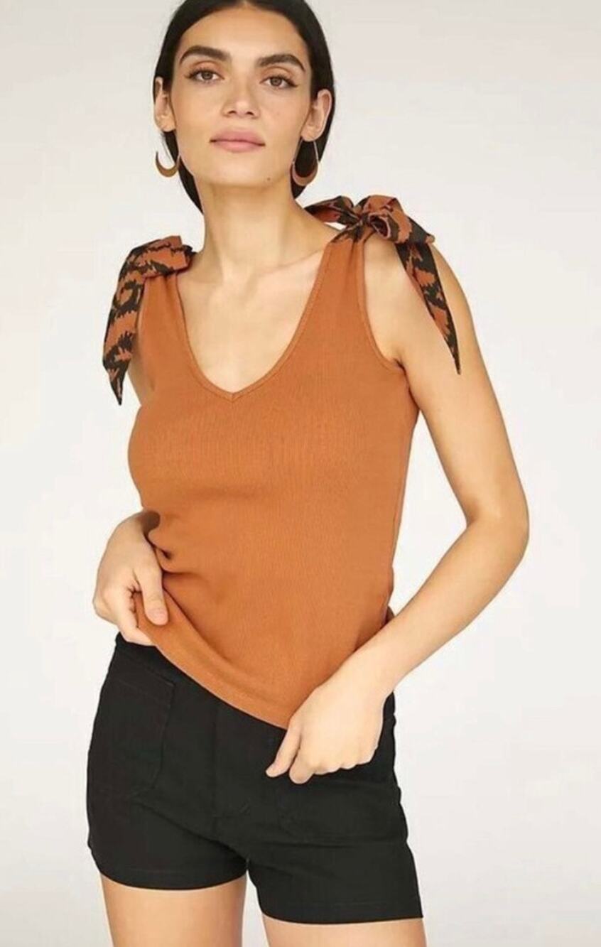 Maeve by Anthropologie Rafaela Bow-Tie Ribbed Cooper Tank V-Neckline - Medium